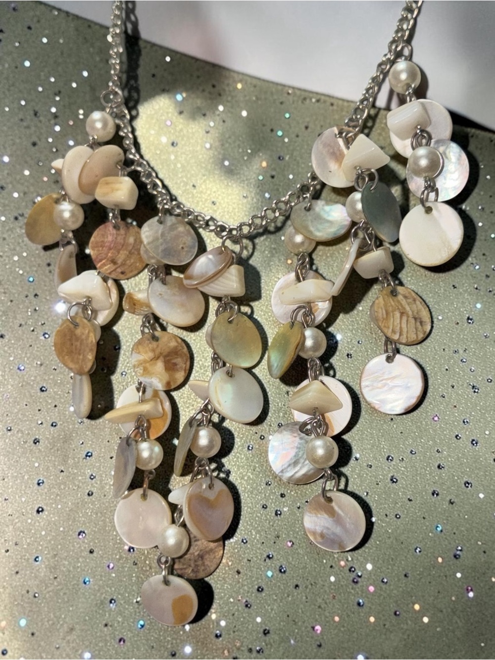 Mother of Pearl Style Shell Disc Layered Dangle Statement Necklace Boho - Picture 6 of 6